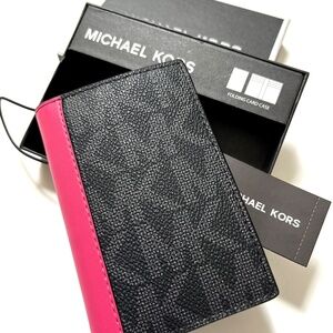 Michael Kors Folding Card Case Wallet Gray Pink Logo Print Boxed NWT Gift Idea